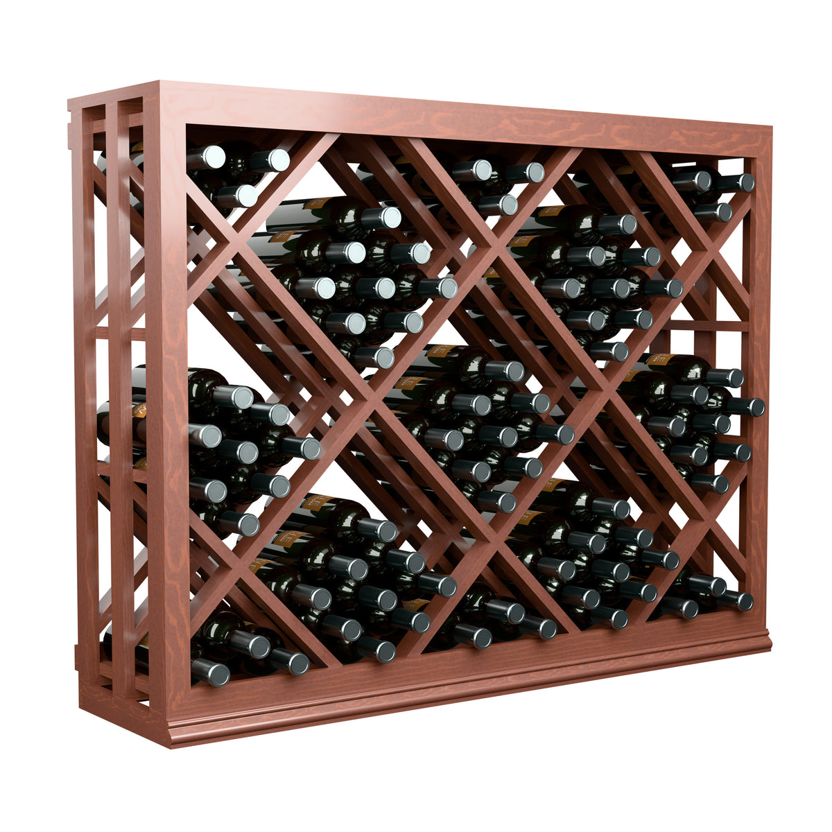 Half-height wooden wine bottle rack with diamond lattice and filled bottle slots, front view.