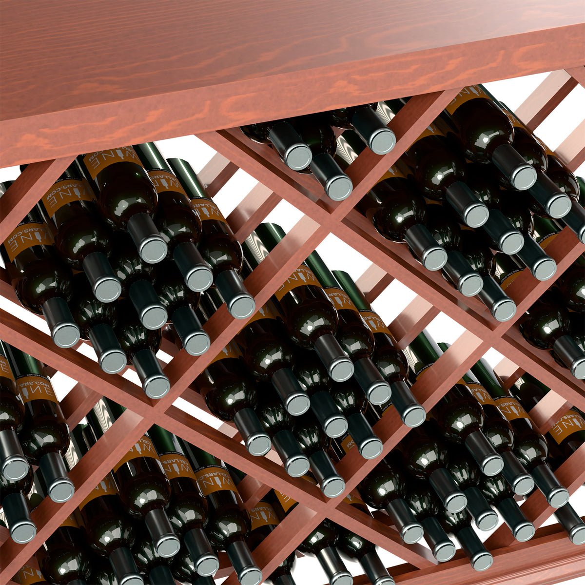 Half-height wine bottle rack close-up of diamond lattice and bottle necks in slots.