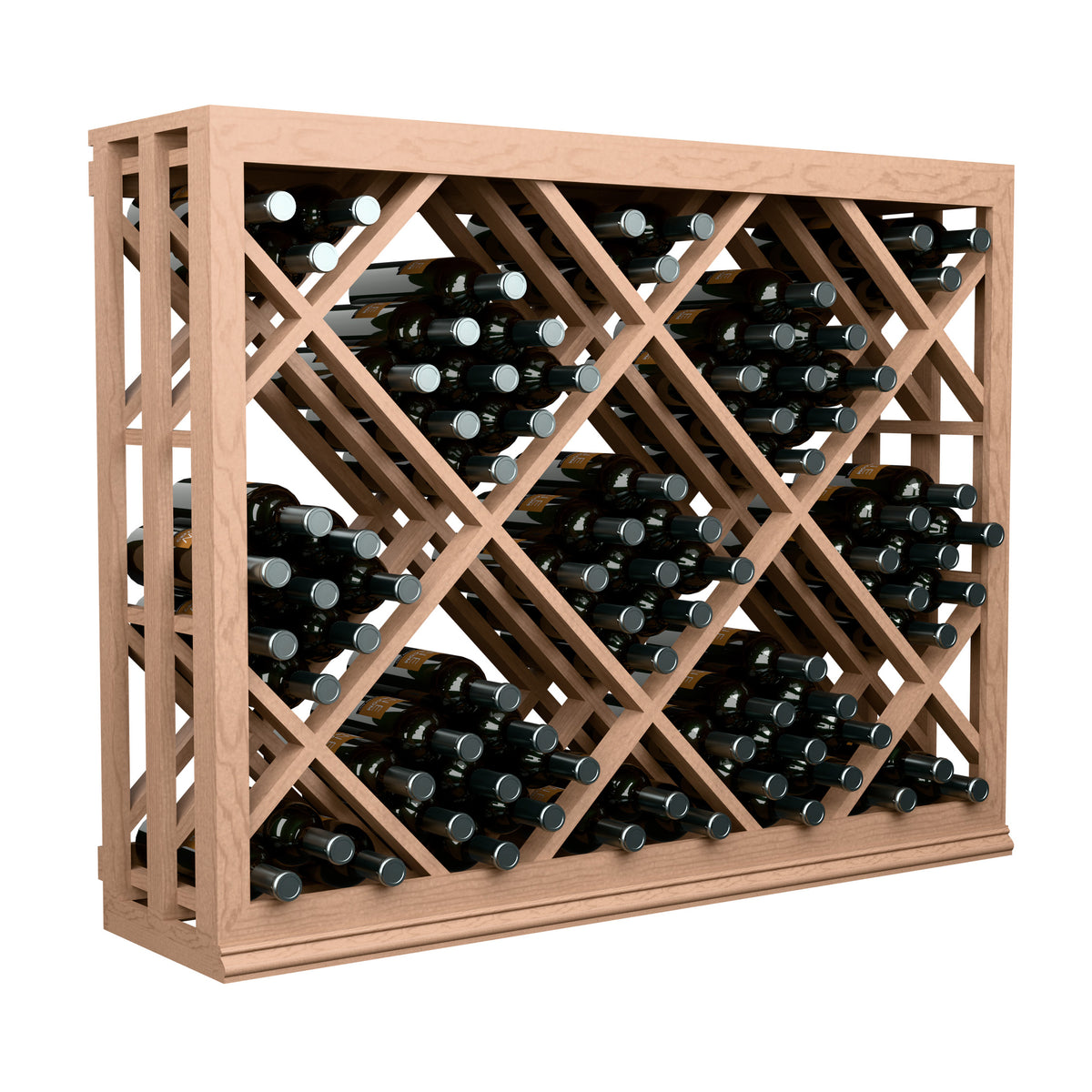 Half-height wooden wine bottle rack with diamond lattice and bottles, front perspective view.
