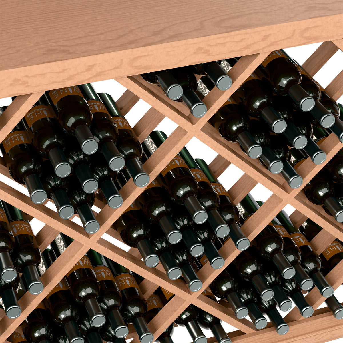 Half-height wine bottle rack close-up showing diamond lattice openings and bottle bottles.
