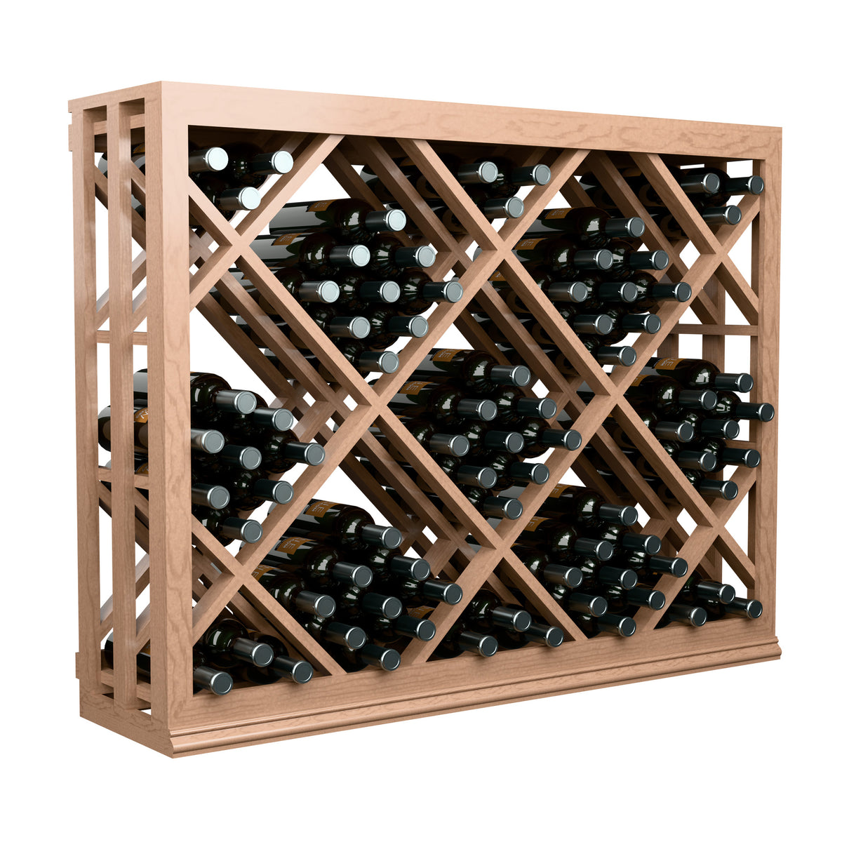 Half-height wooden wine bottle rack with diamond lattice, bottles arranged in storage cells.
