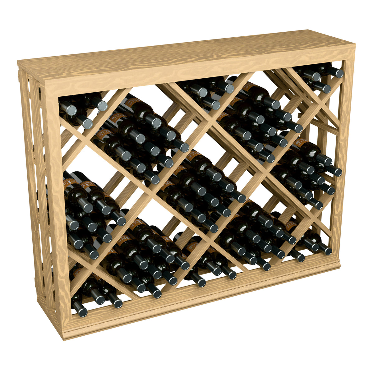 Half-height wooden wine bottle rack with diamond lattice and filled bottle slots, front view.