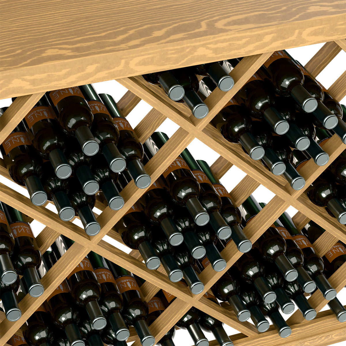 Half-height wine bin with diamond lattice and bottle slots, natural wood frame