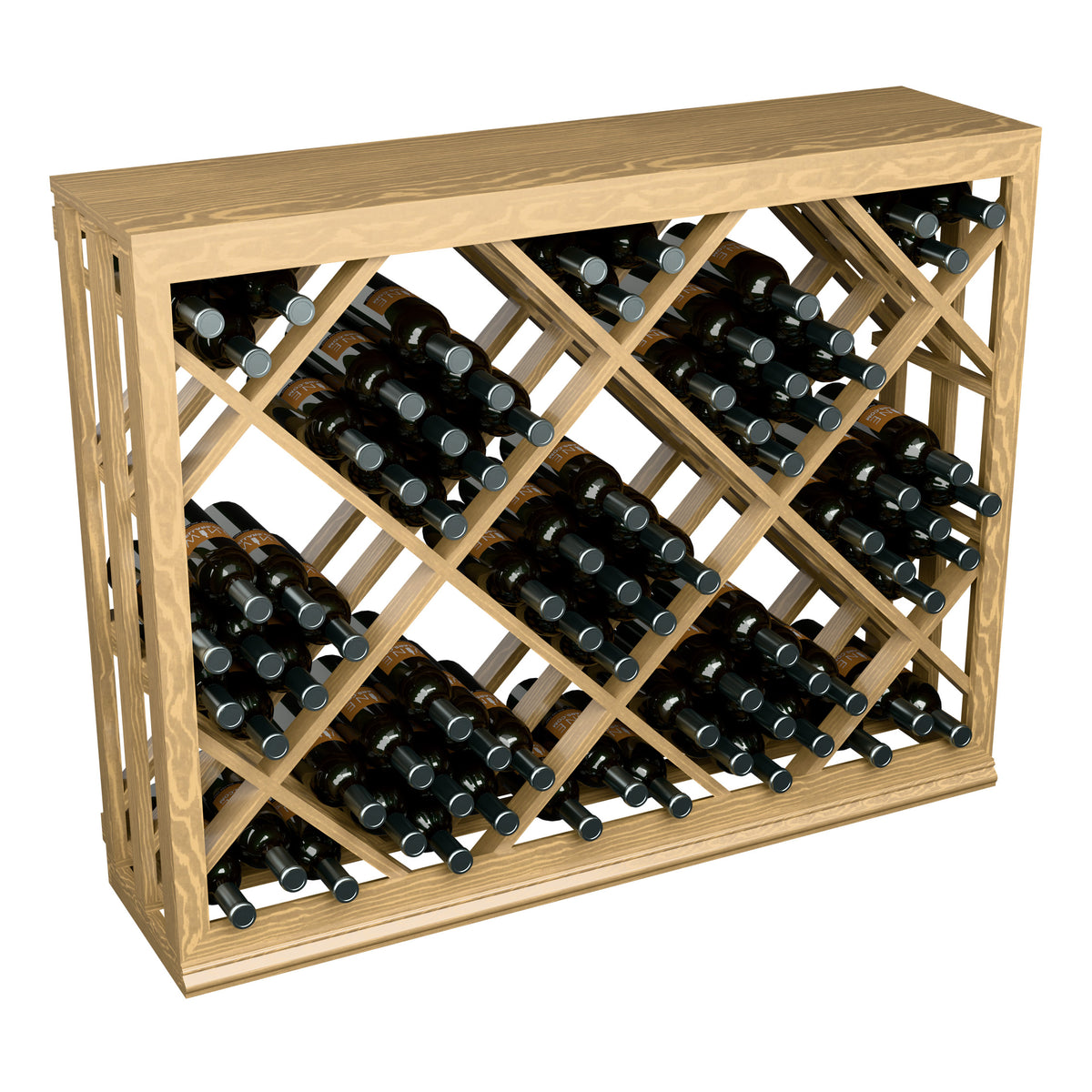 Half-height wine bin with diamond lattice bottle storage, natural wood frame