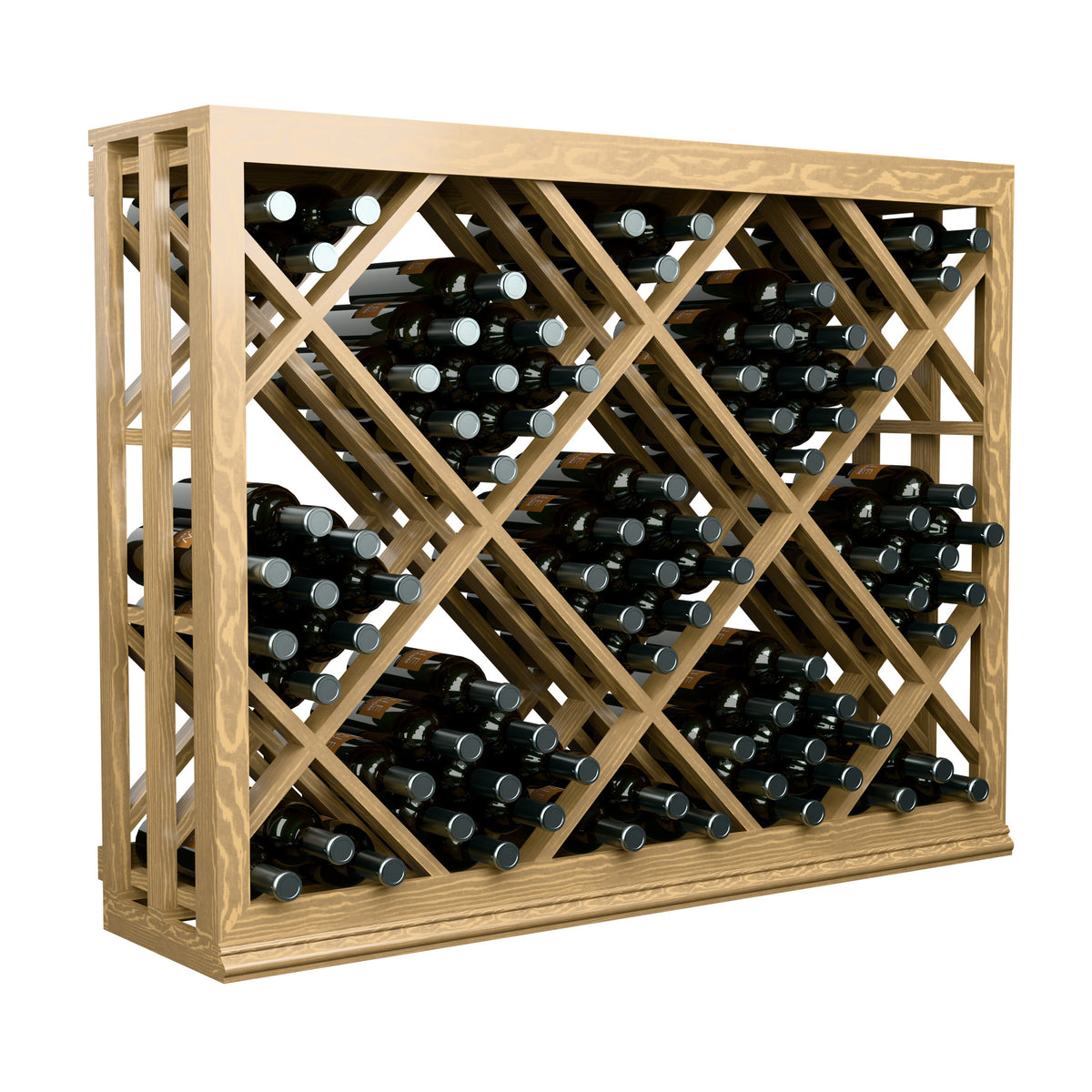 Half-height wine bin with diamond lattice bottle racks, natural wood frame