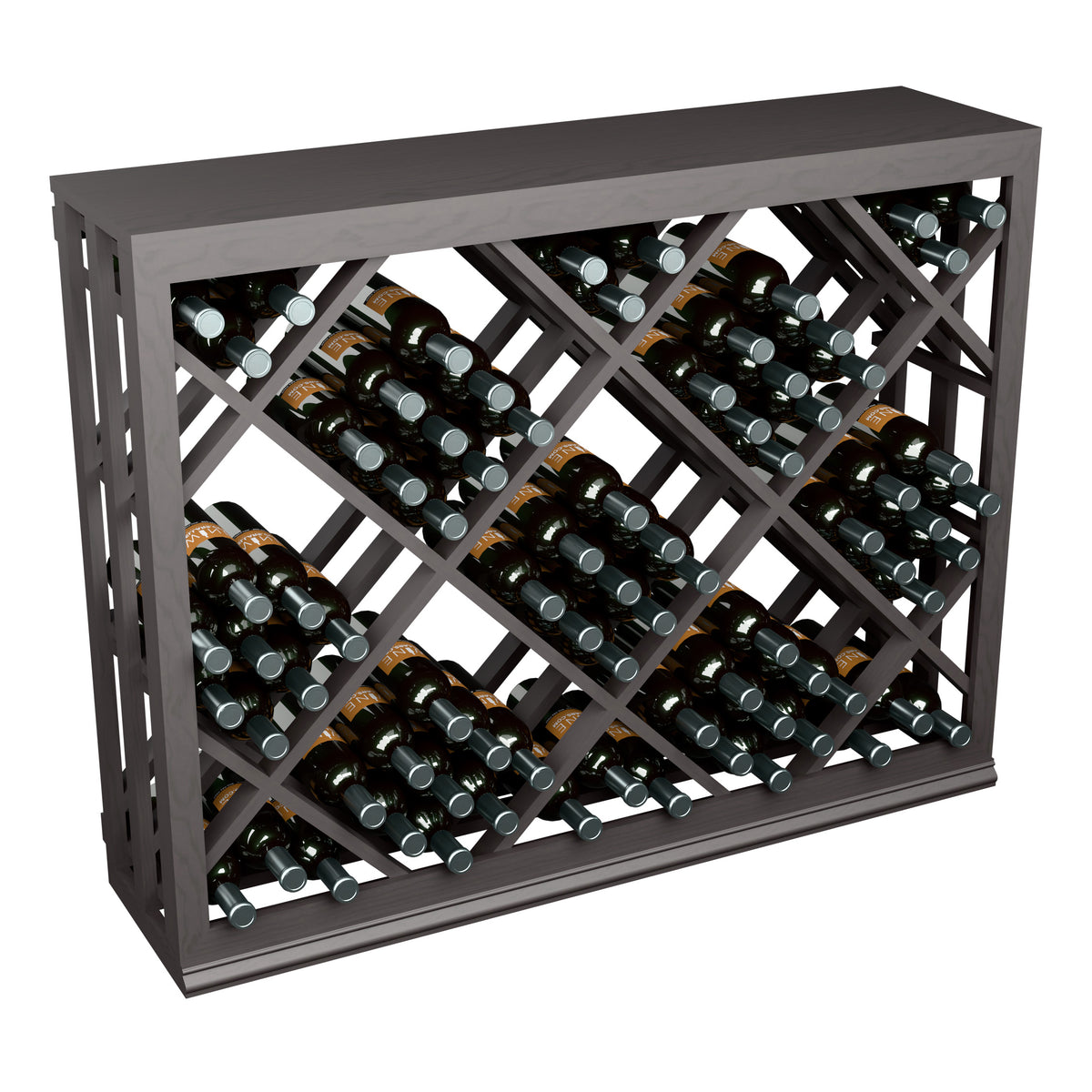 Half-height wine bin with diamond lattice and bottle slots, dark stained wood frame
