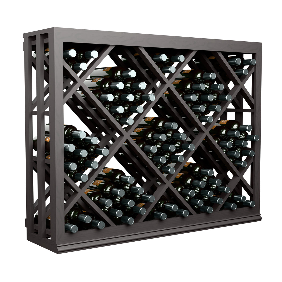 Half-height wine bin with diamond lattice bottle storage, dark stained wood frame