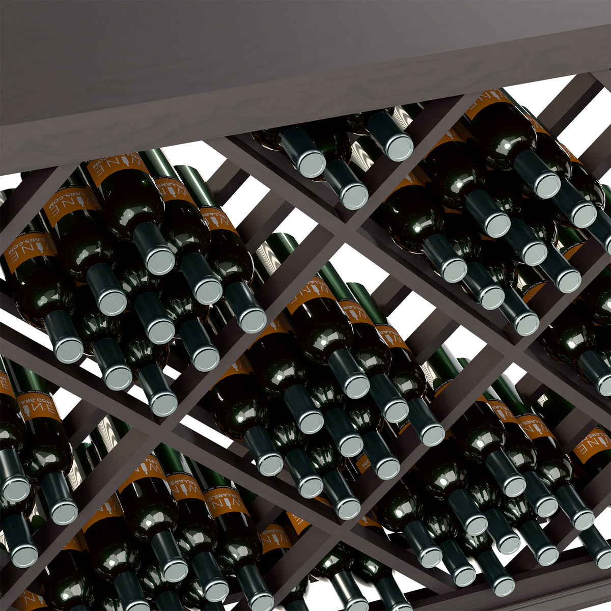 Half-height wine bin with diamond lattice, dark frame, filled with wine bottles