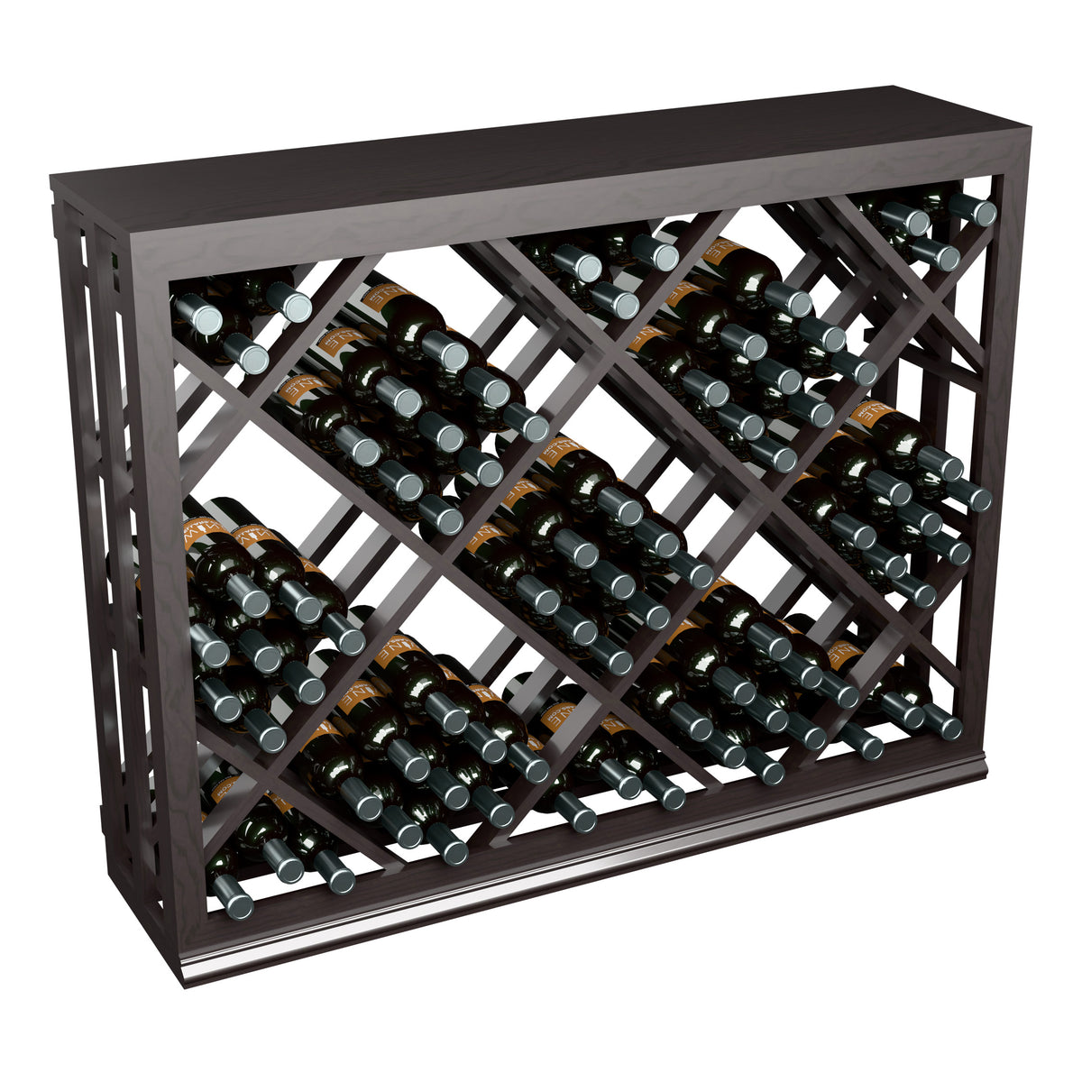 Half-height wine bin with diamond lattice bottle storage, dark stained wood frame