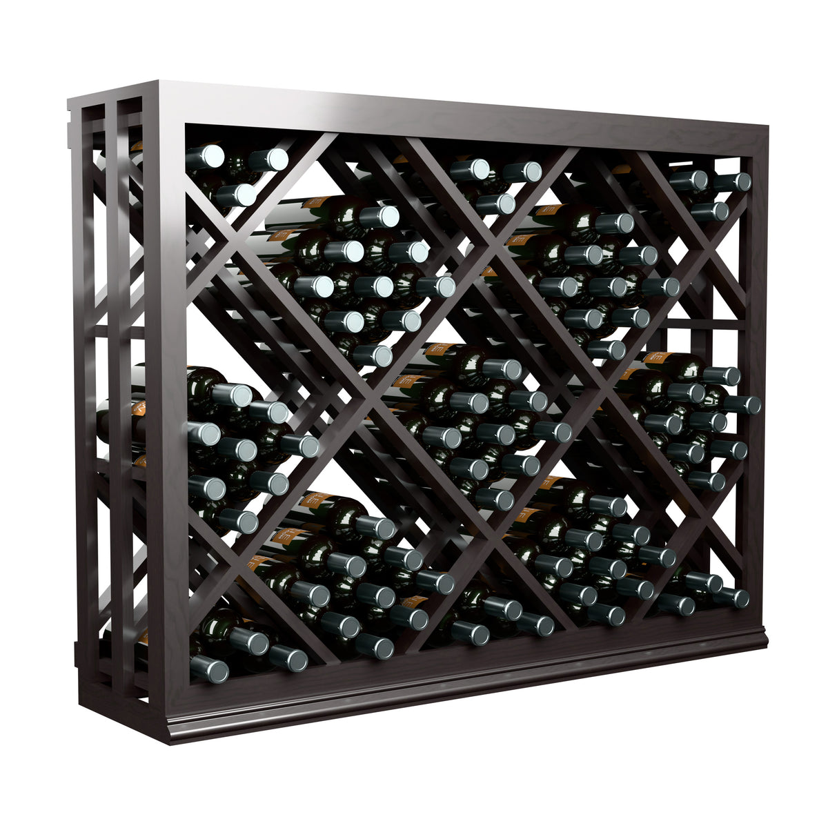 Half-height wine bin with diamond lattice bottle racks, dark stained wood frame