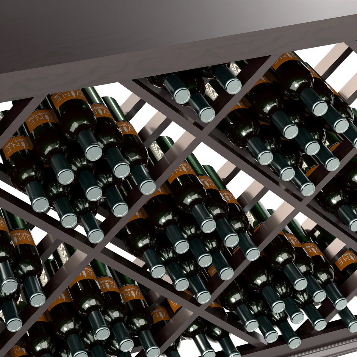 Half-height wine bin with diamond lattice, dark frame, close-up of wine bottles