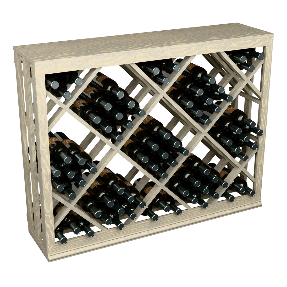 Half-height lattice wine bin with dark bottle slots in weathered wood frame