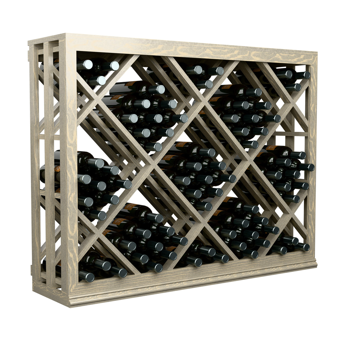Half-height lattice wine bin with crisscross lattice and front bottle storage