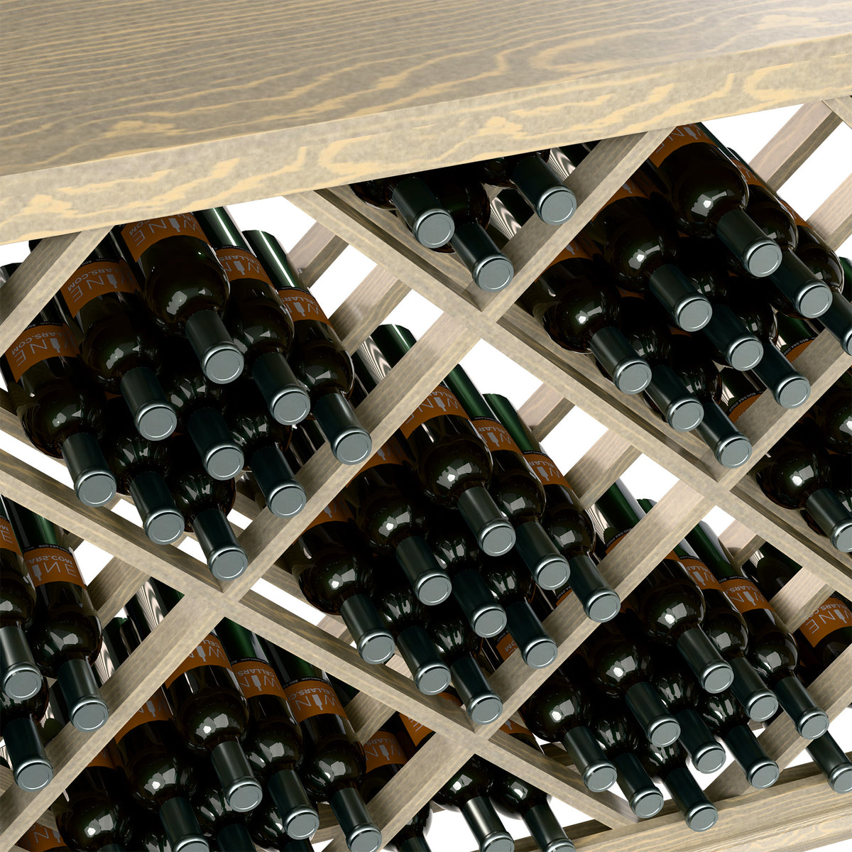 Half-height lattice wine bin close-up of bottle grid with dark wine bottles