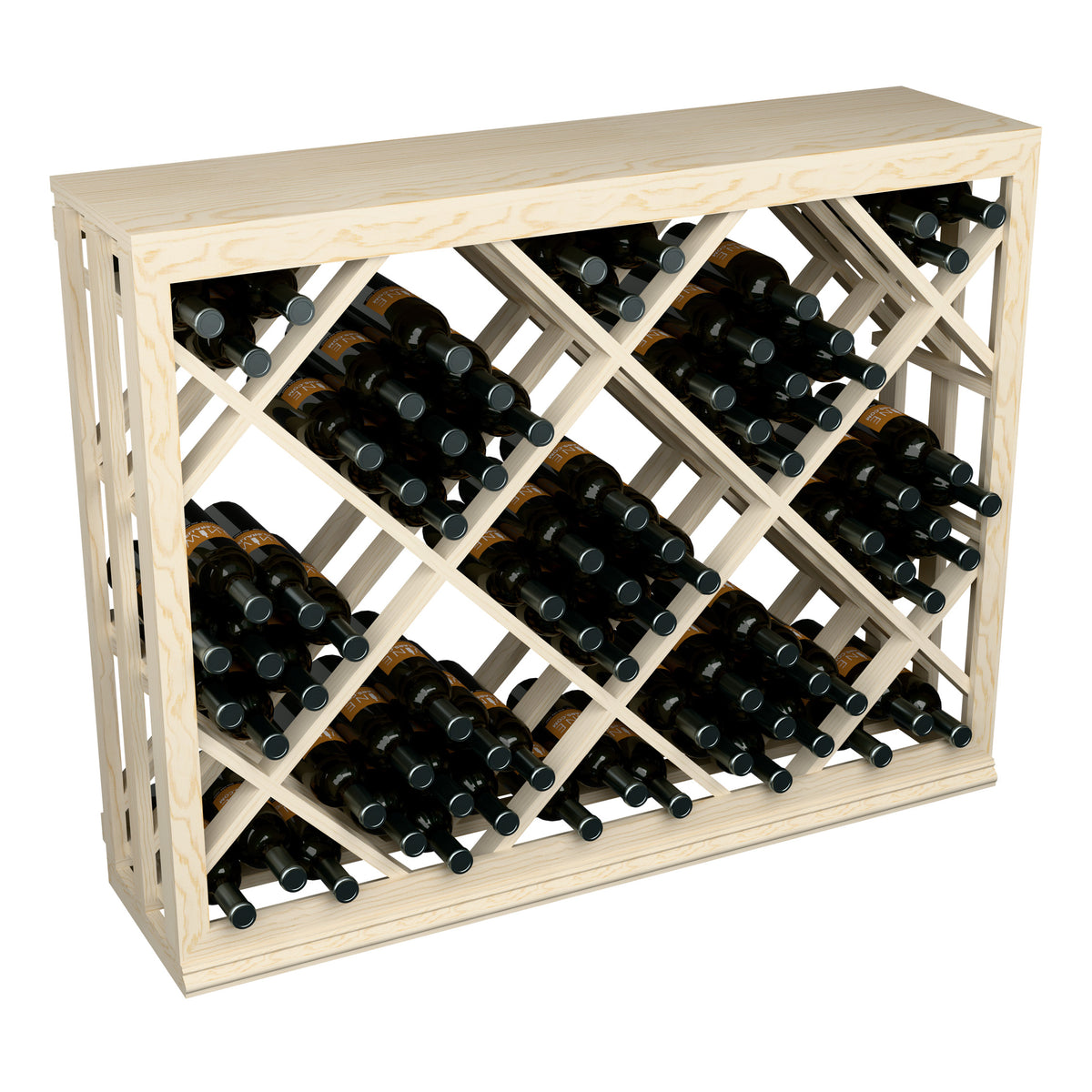 Half-height lattice wine bin with dark bottle slots in light wood frame