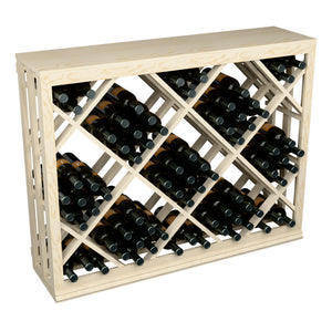 Half-height lattice wine bin with dark bottle slots in light wood frame