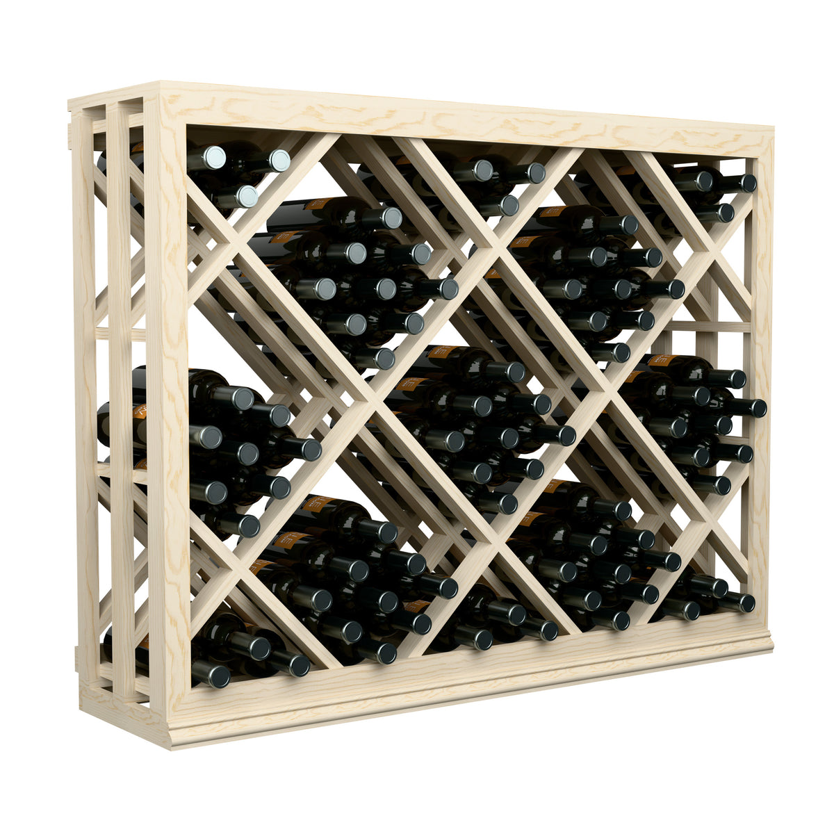 Half-height lattice wine bin with crisscross lattice and light wood front