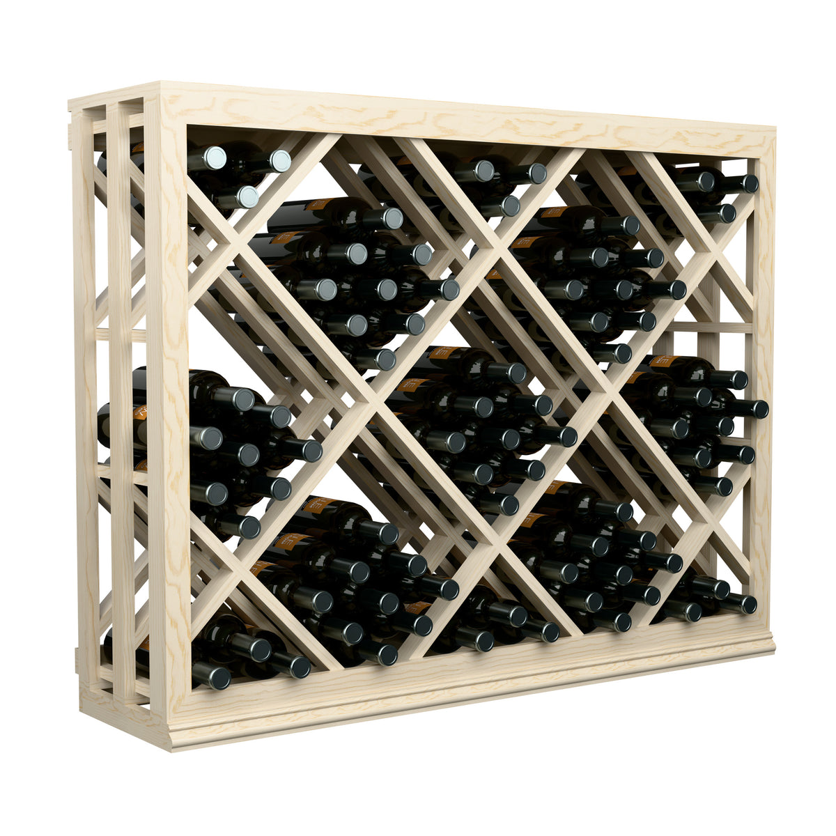 Half-height lattice wine bottle rack with diamond crisscross, light wood frame