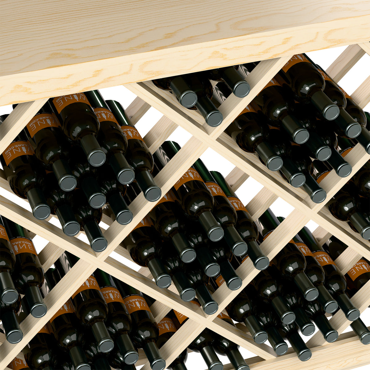 Half-height lattice wine bottle rack close-up, black bottles in light wood diamond grid