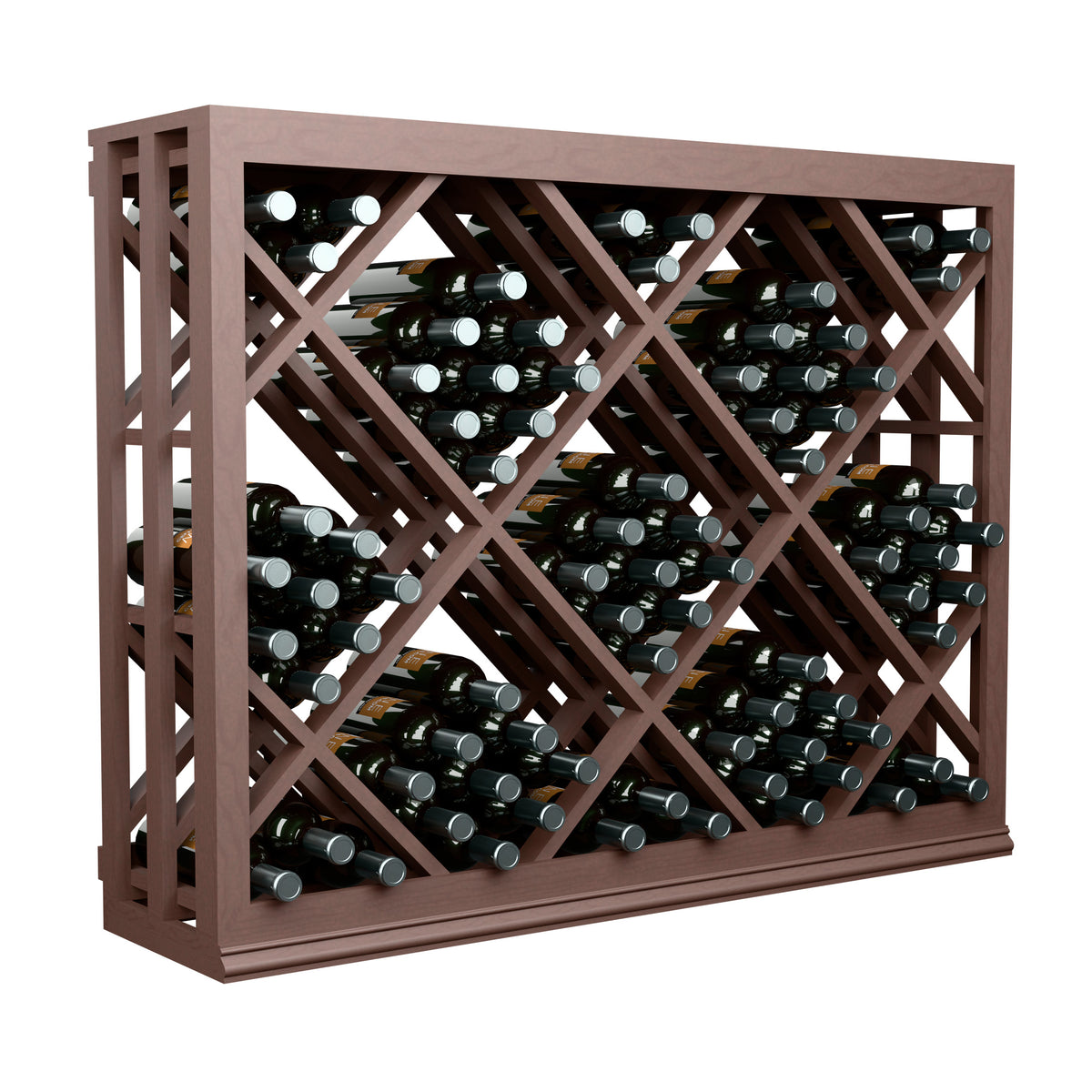 Half-height lattice wine bottle rack, dark wood frame with diagonal diamond openings