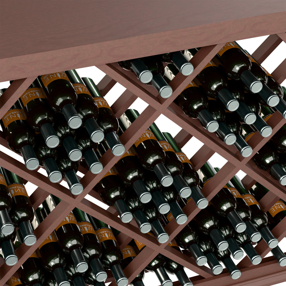 Half-height lattice wine bottle rack close-up, black bottles in dark brown diamond grid