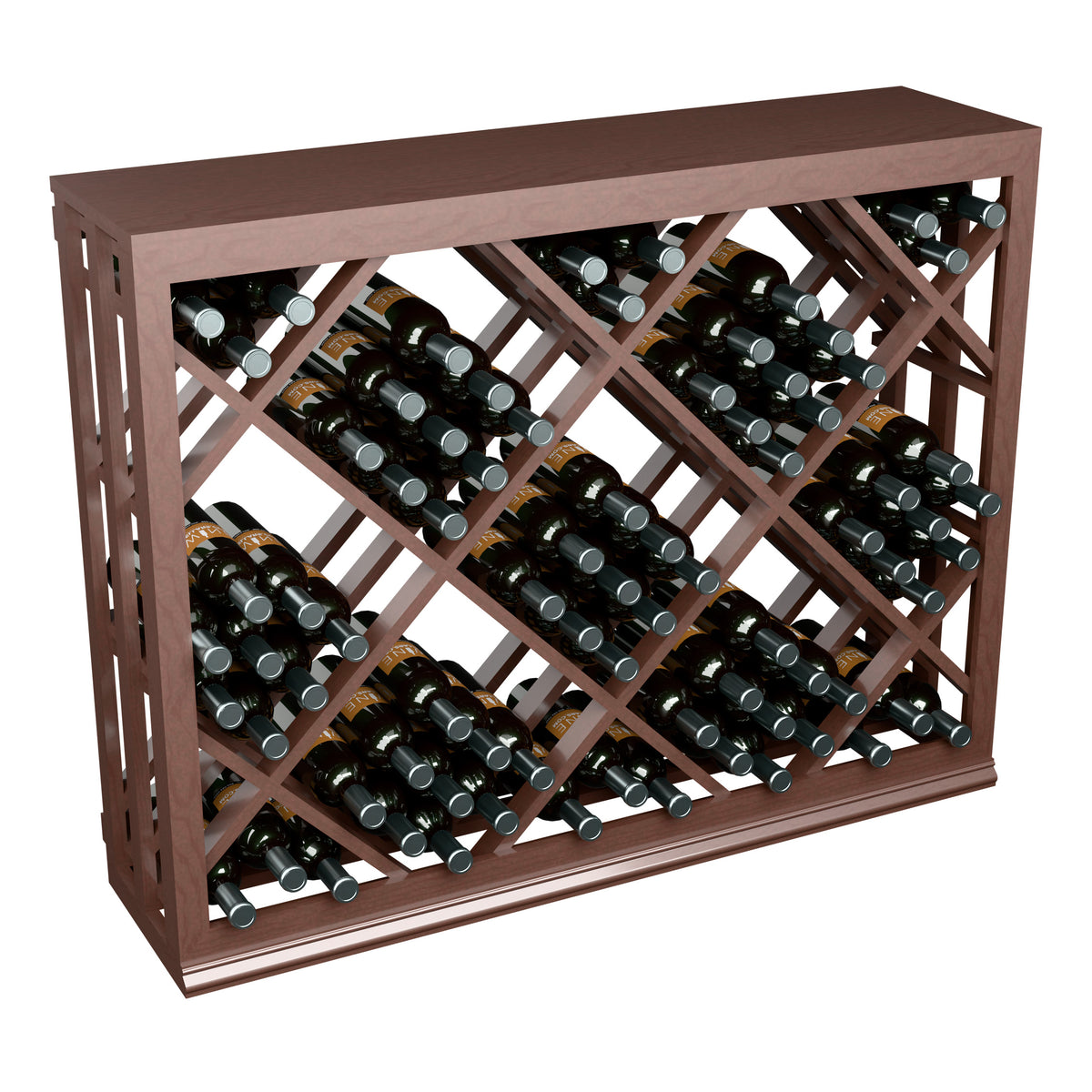 Half-height lattice wine bottle rack, dark brown diamond lattice with rows of wine bottles