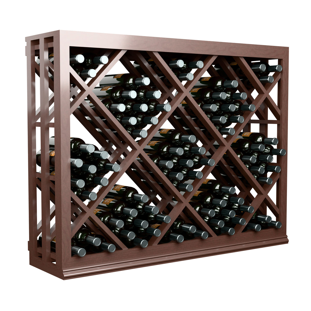 Half-height lattice wine bottle rack with diamond lattice, dark brown wood bottle storage