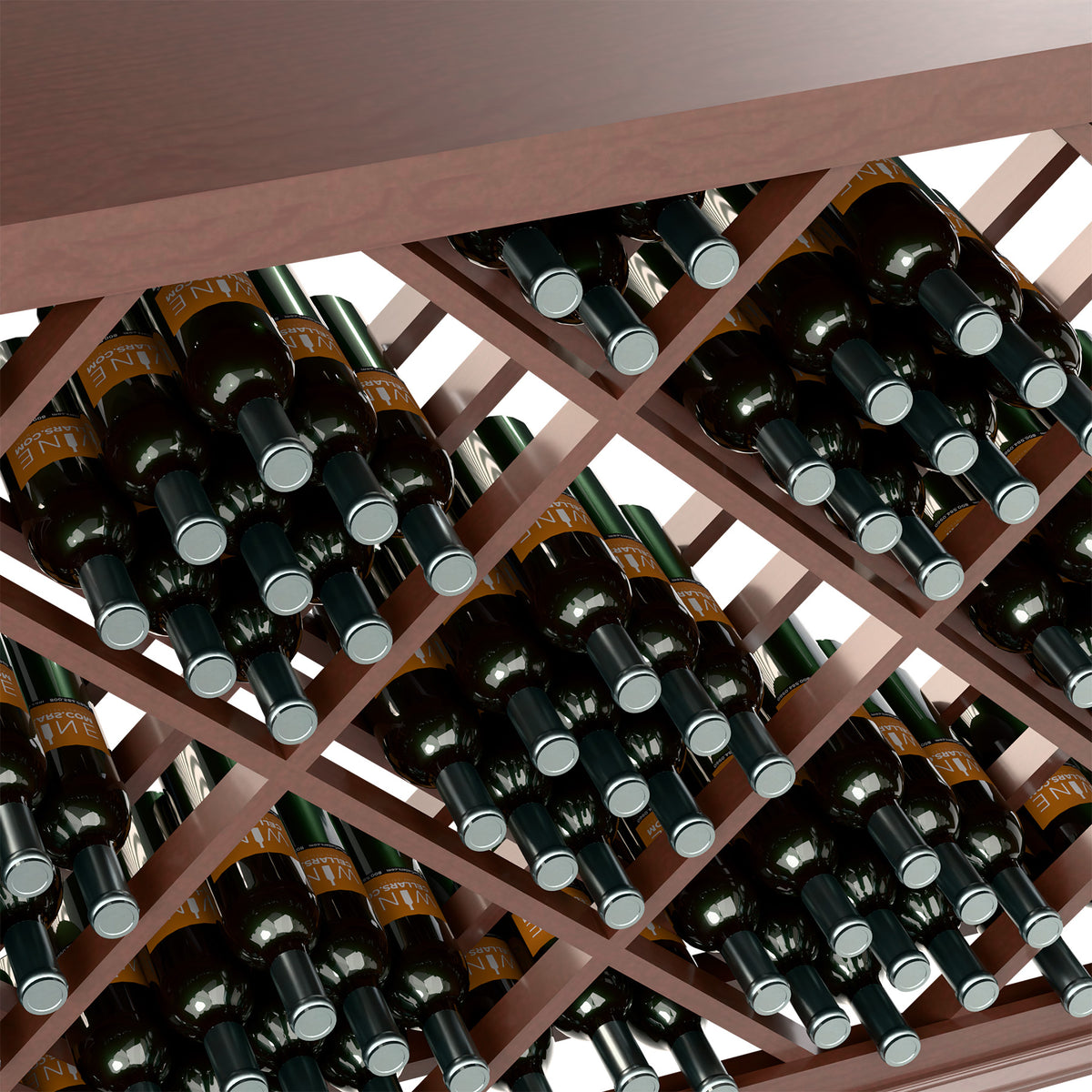 Half-height lattice wine bottle rack close-up, black bottles in dark diamond lattice cells
