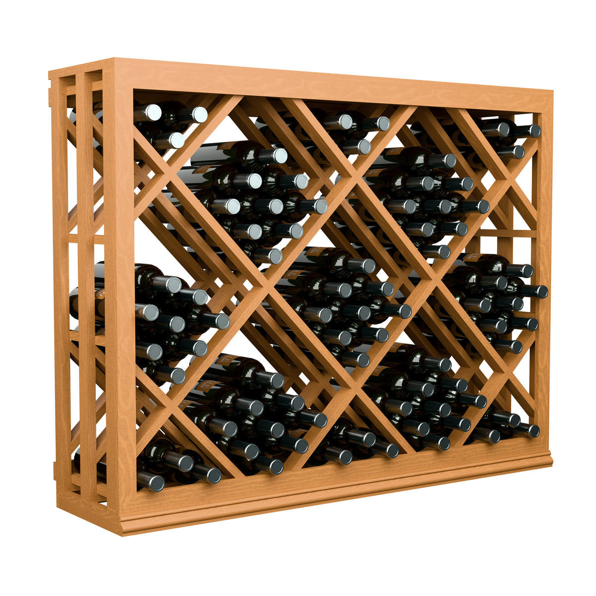 Half-height lattice wine bottle rack, light wood diamond lattice with wine bottle rows