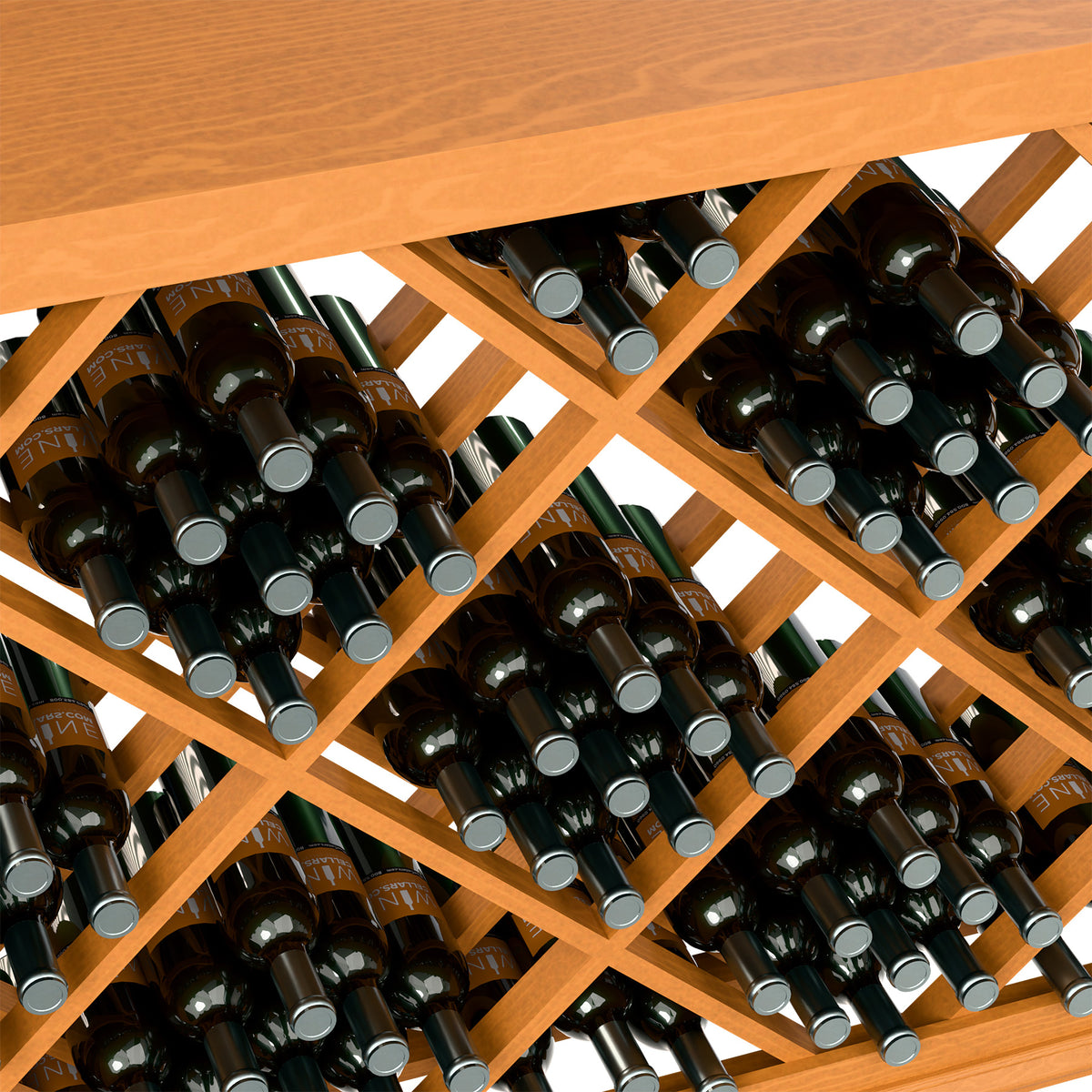 Half-height wine bottle bin with diamond lattice, warm wood, black bottles