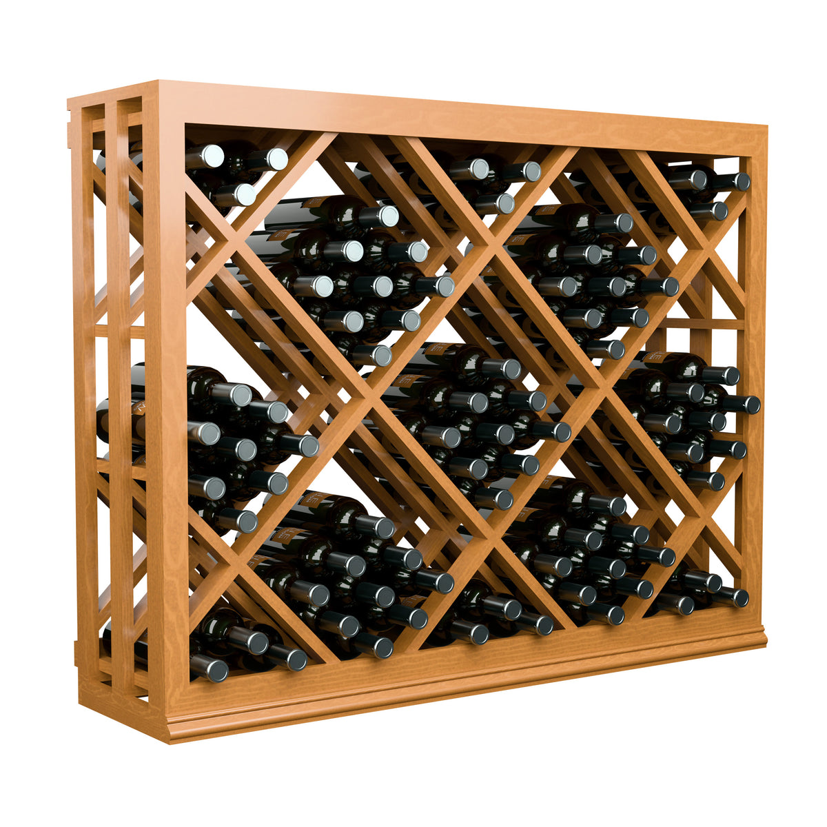 Half-height wine bottle bin with diamond lattice, warm wood, black bottles front view