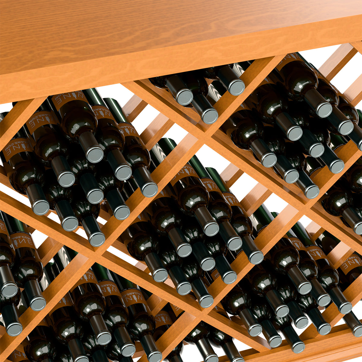 Half-height wine bottle bin with diamond lattice, warm wood, close-up of black bottles