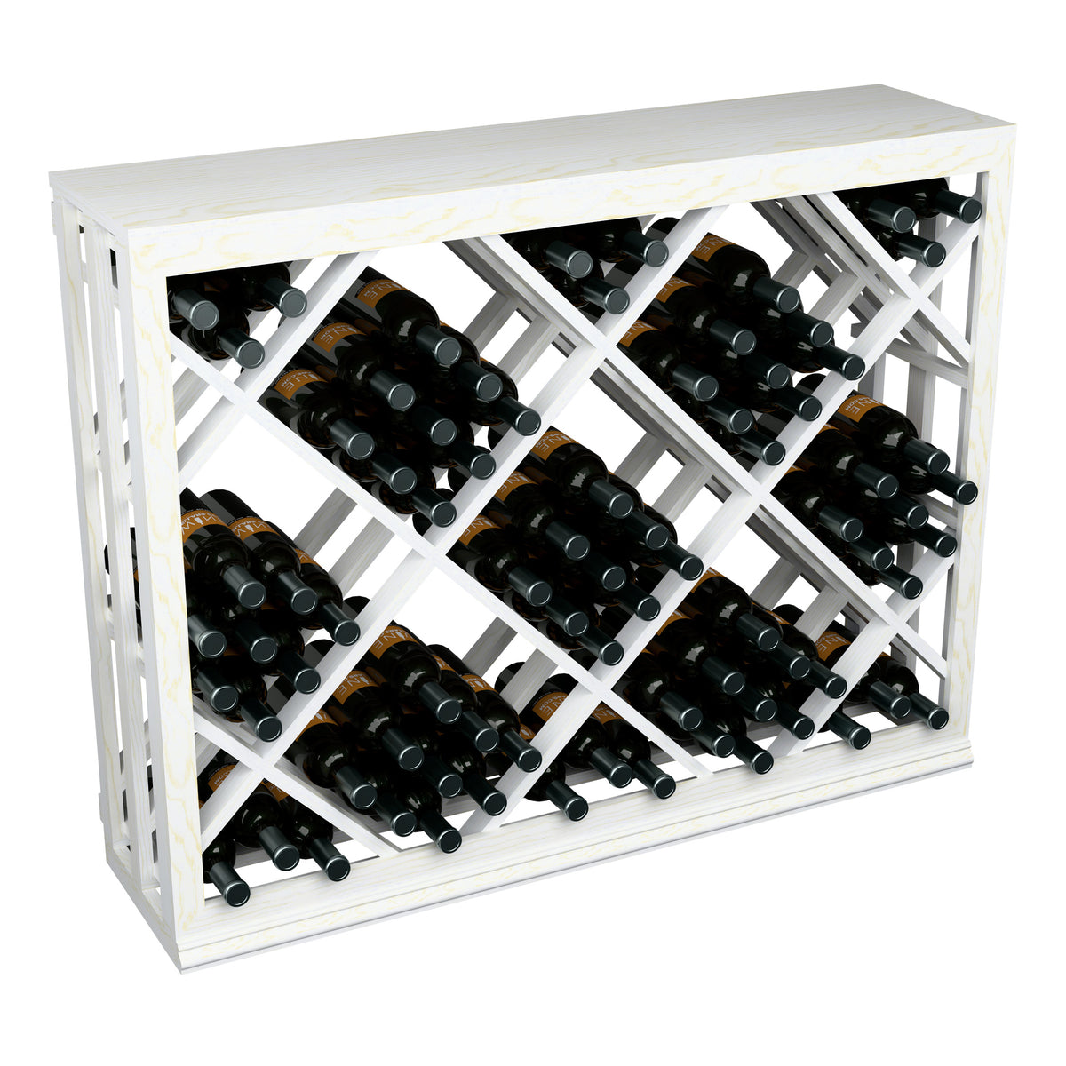 Half-height wine bottle bin with diamond lattice, white frame, black bottles