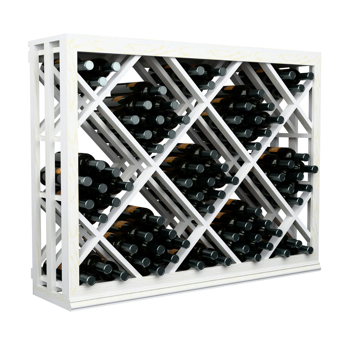 Half-height wine bottle bin with diamond lattice, white wood, black bottles front view