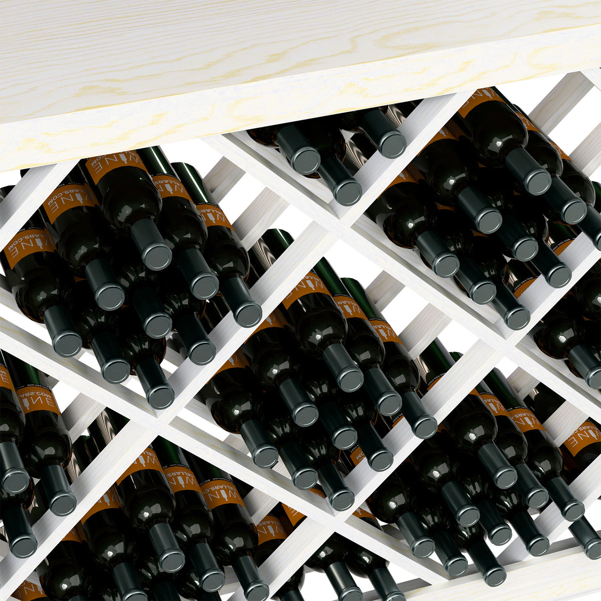 Half-height wine bottle bin with diamond lattice, white frame, close-up of black bottles