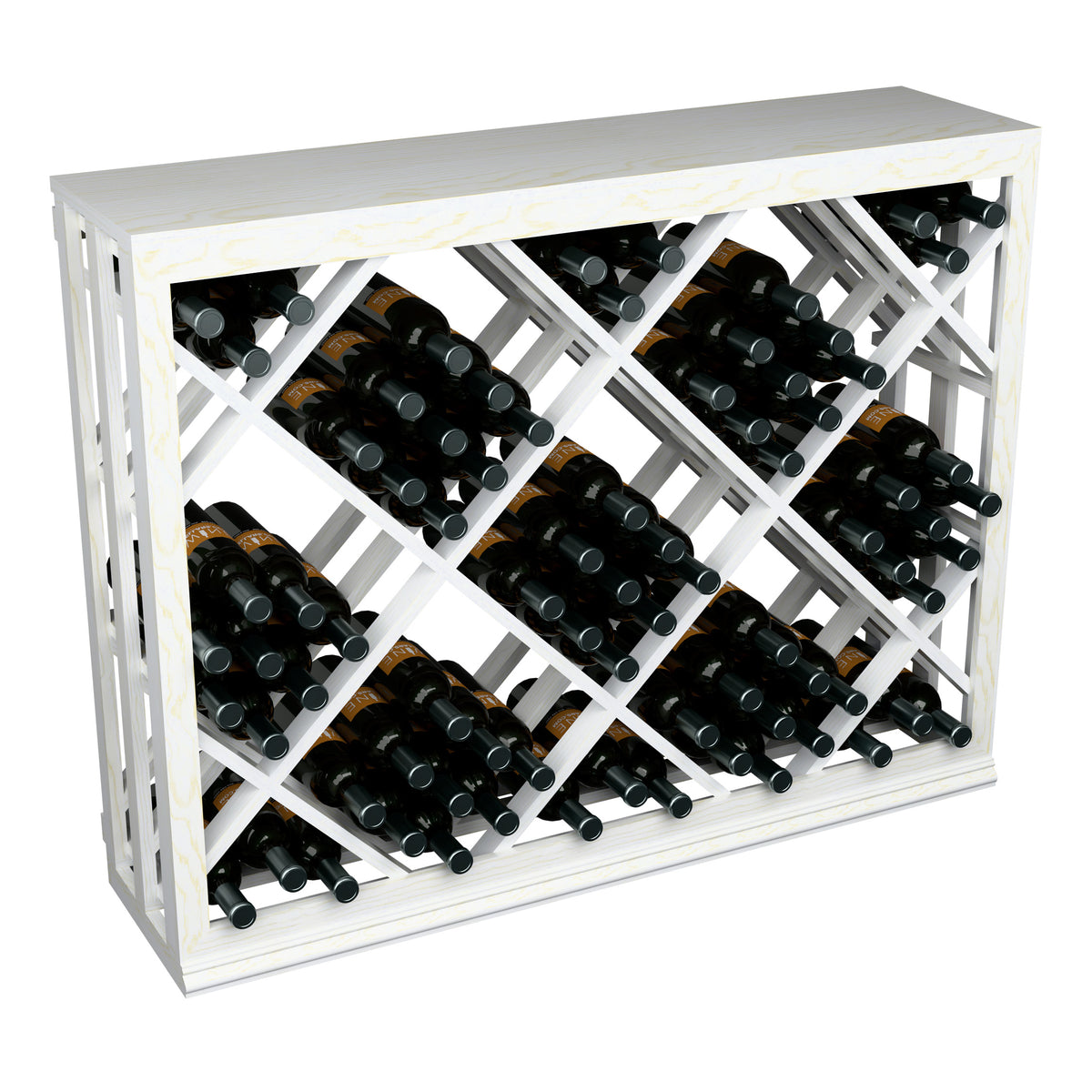 Half-height wine bottle bin with diamond lattice, white frame, black bottles