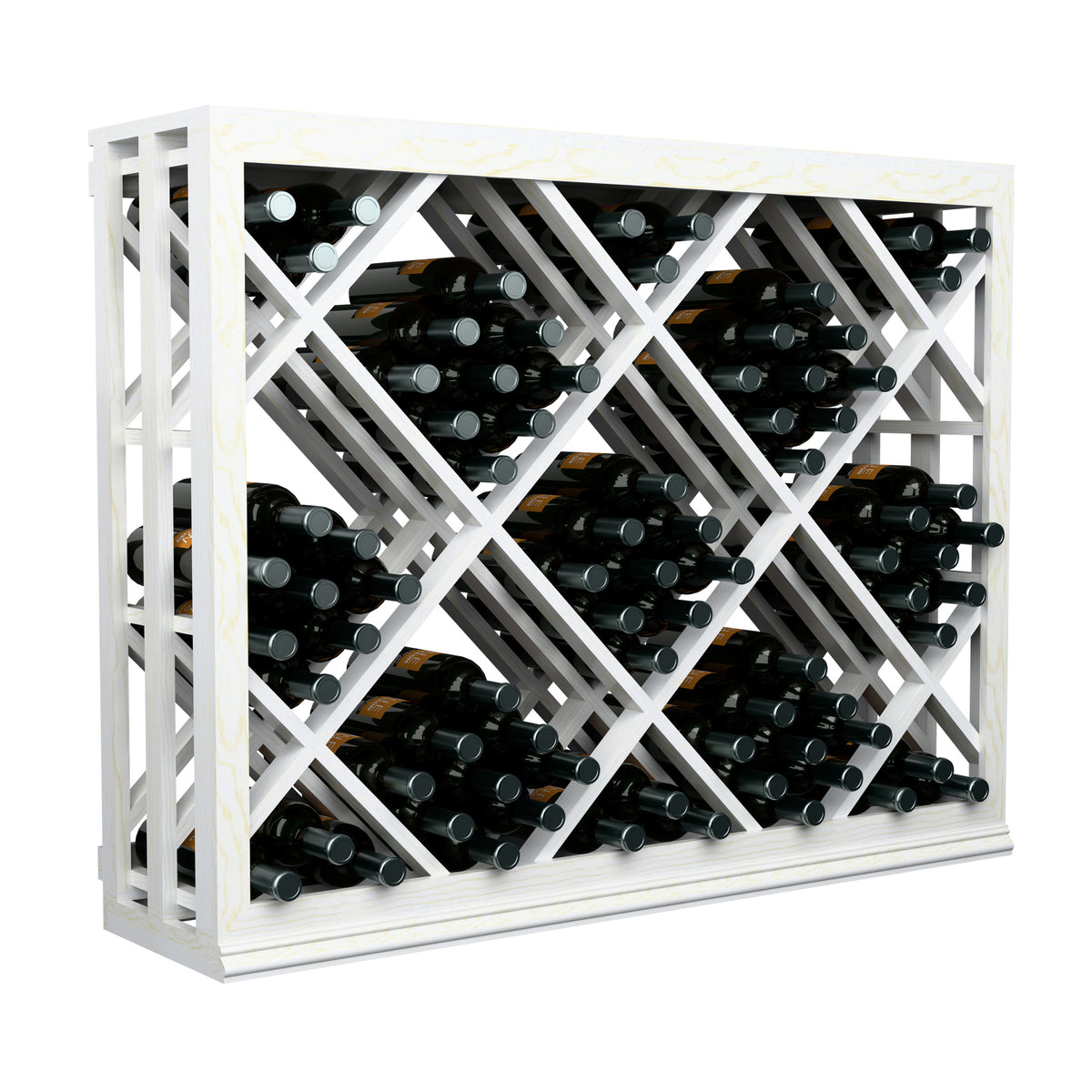 Half-height wine bottle bin with diamond lattice, white wood, black bottles front view