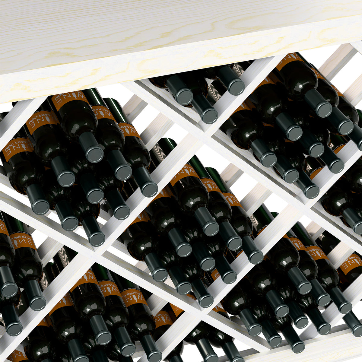 Half-height wine bottle bin with diamond lattice, white frame, close-up of black bottles