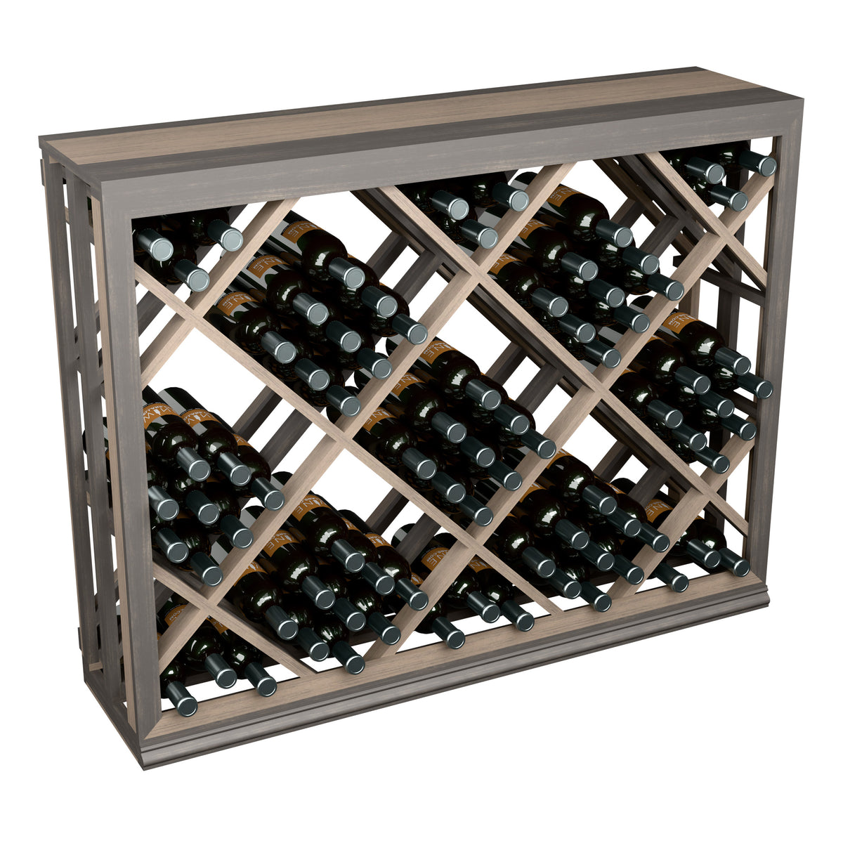 Half-height lattice wine bin holding dark bottles in a diamond slot pattern