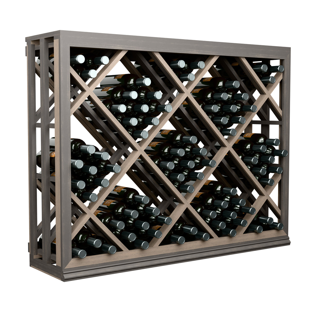 Half-height lattice wine bin with bottles, angled view of diamond grid rack