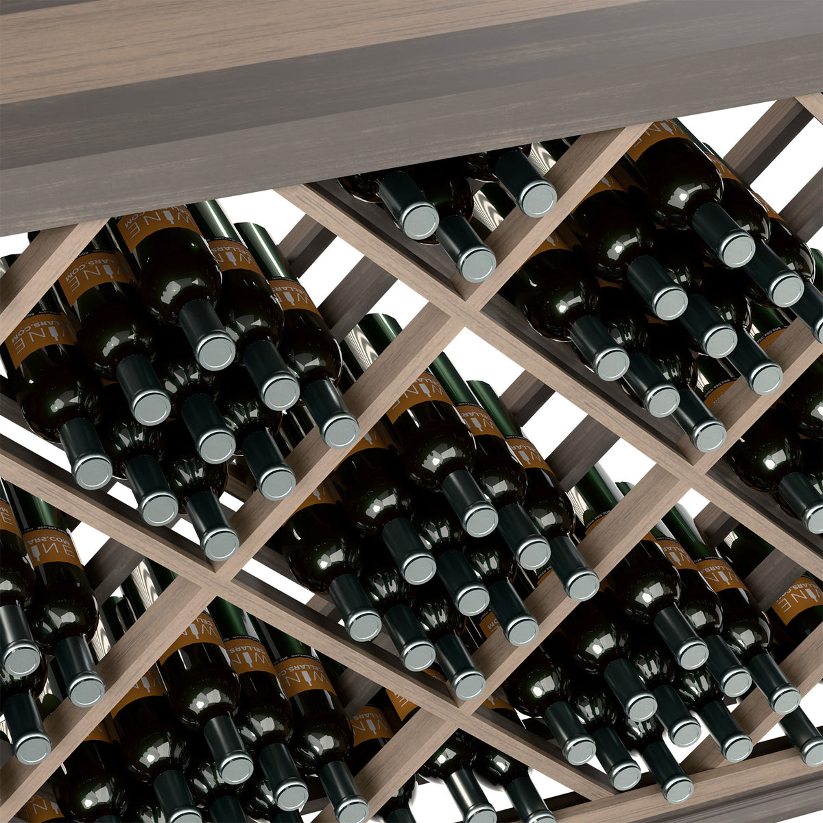 Close-up of diamond lattice wine bin holding bottles with silver foil tops