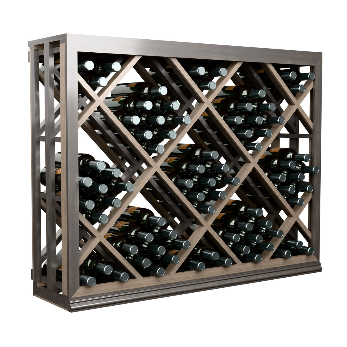 Half-height lattice wine bin holding bottles, side view with diamond slots