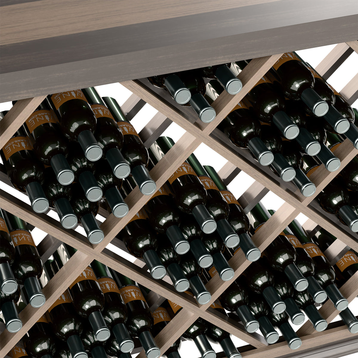 Close-up of diamond lattice wine bin holding bottles with silver foil tops