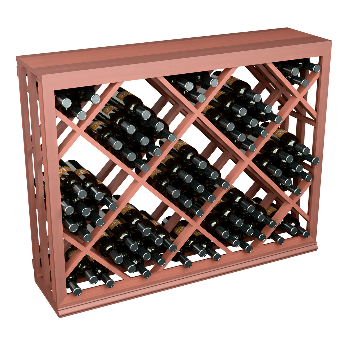 Half-height lattice diamond wine bin holding bottles in red stained wood rack