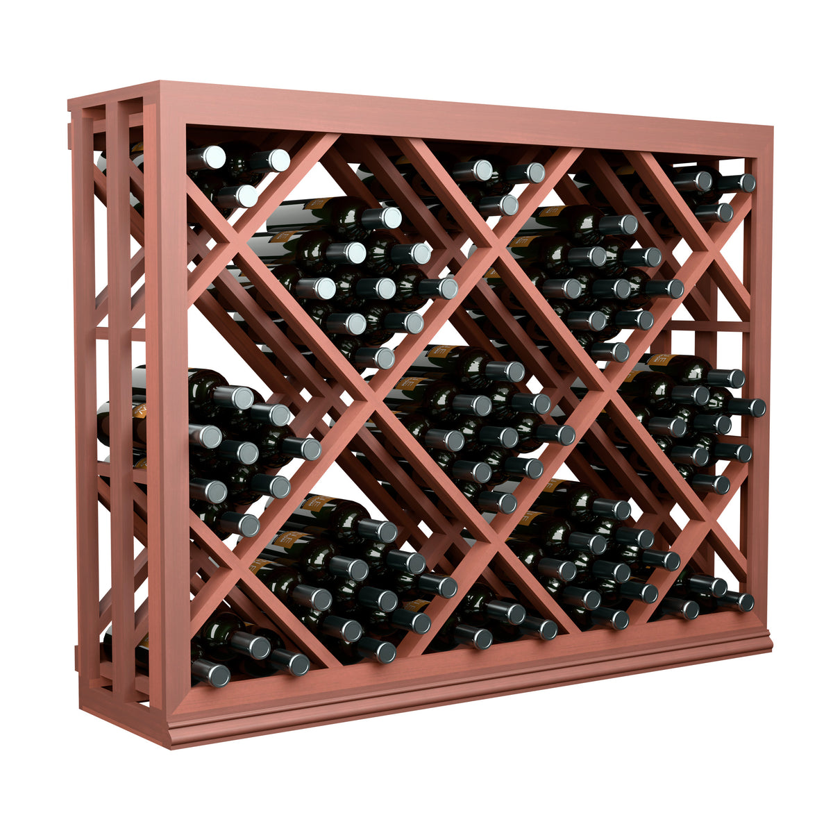 Half-height lattice wine bin holding bottles, red finish with diamond slots
