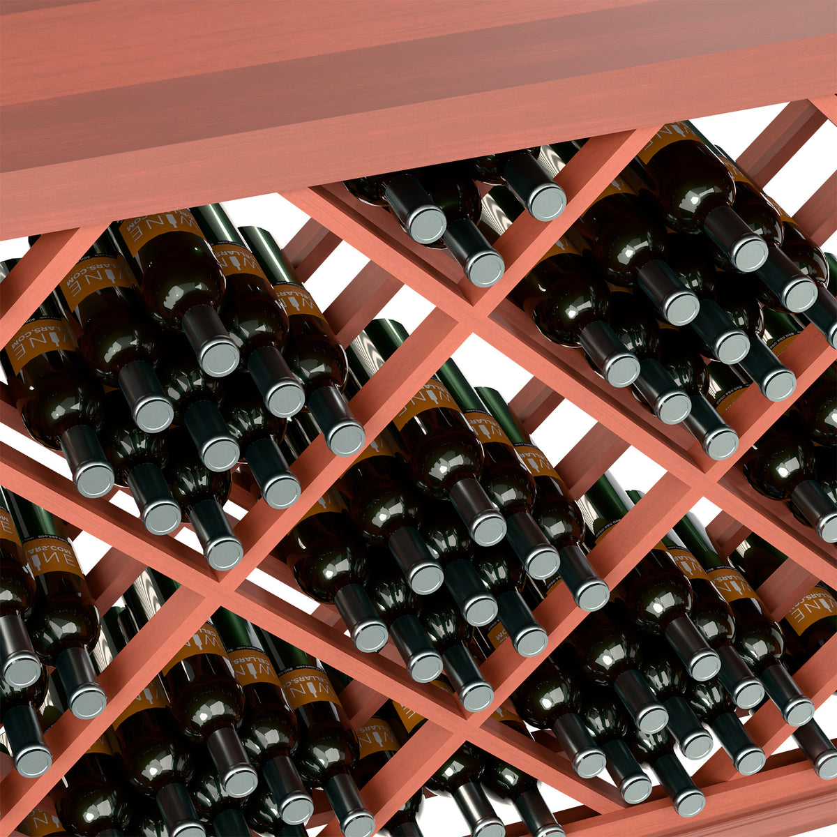 Close-up of red lattice wine bin with bottles in diamond slots