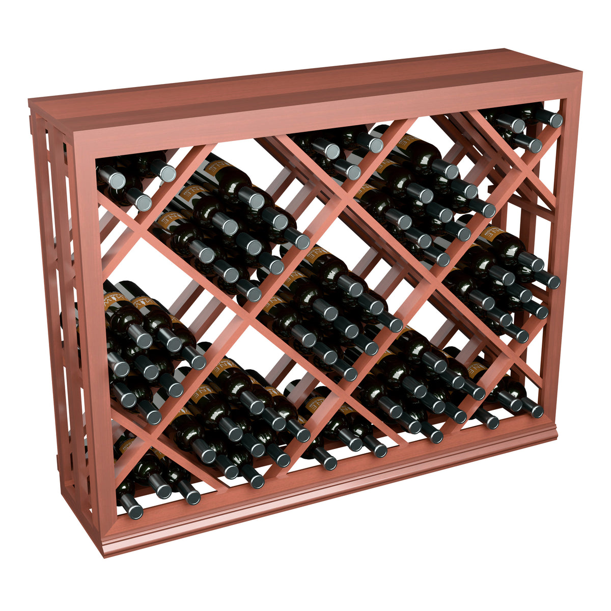 Half-height lattice diamond wine bin holding bottles in red stained wood rack