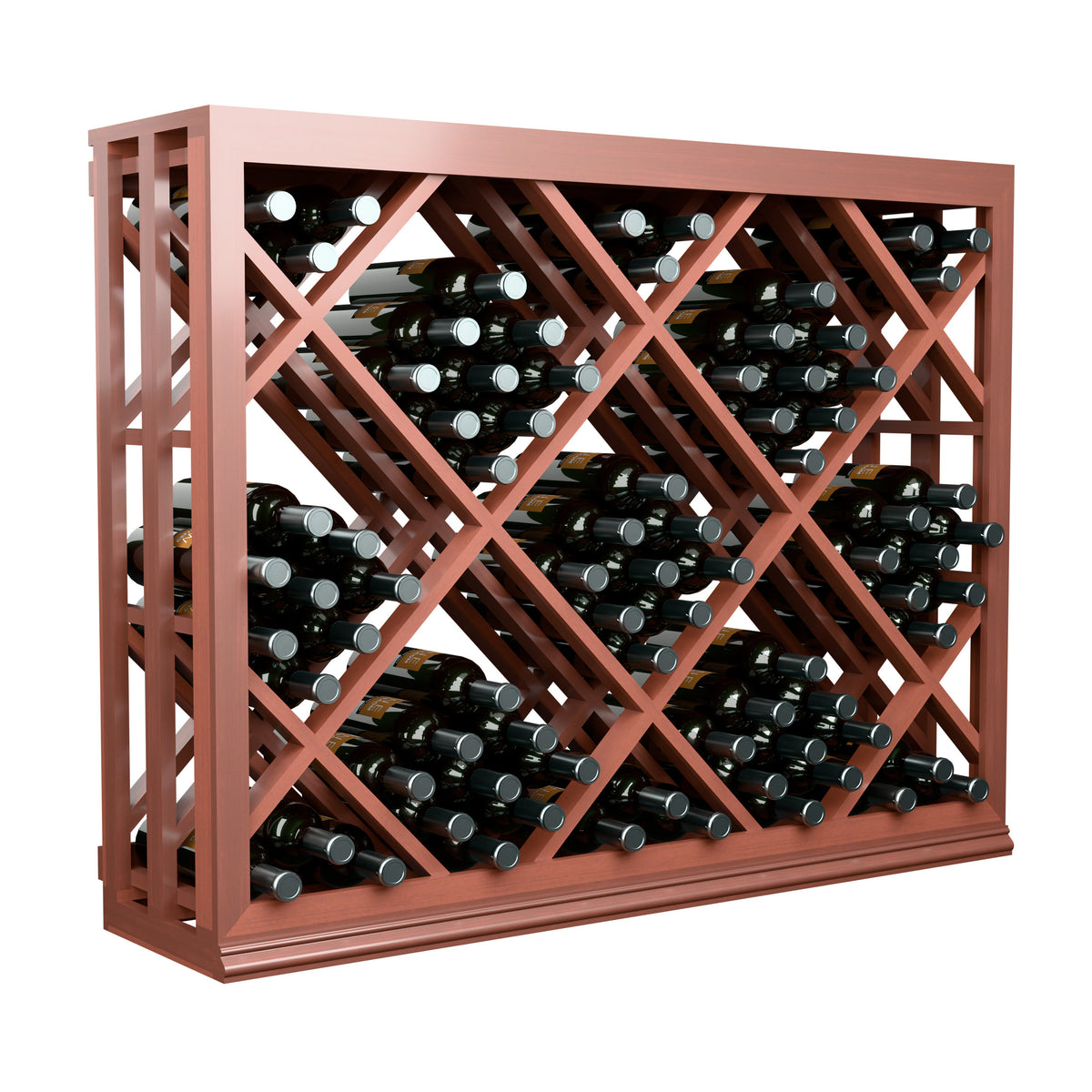 Half-height lattice diamond wine bottle bin in dark wood with crisscross slots