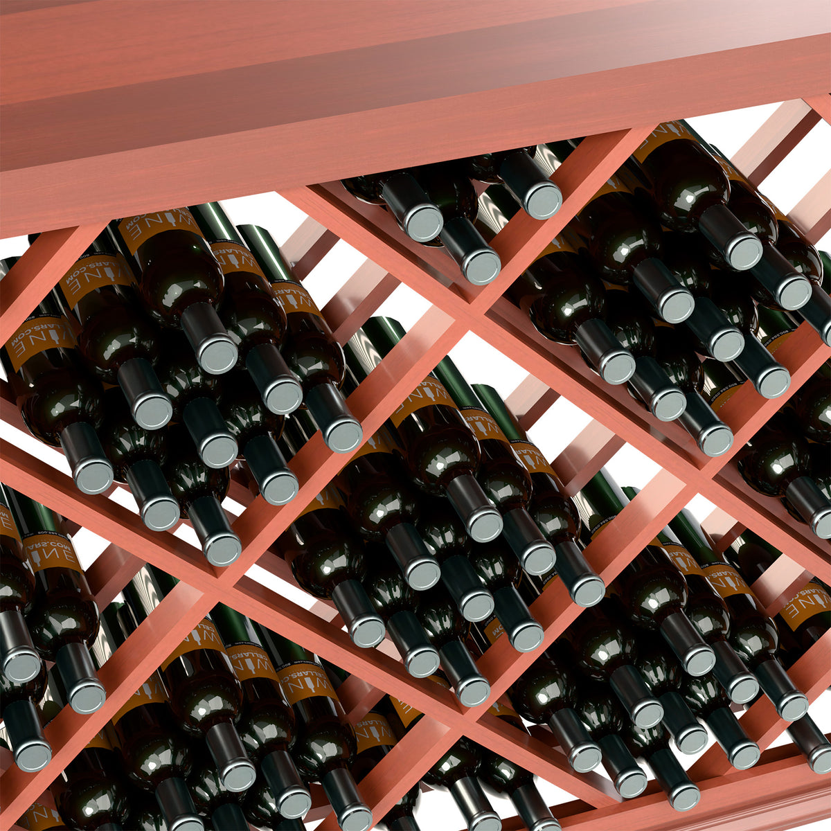Half-height wine bin close-up showing lattice diamond slots holding dark bottles