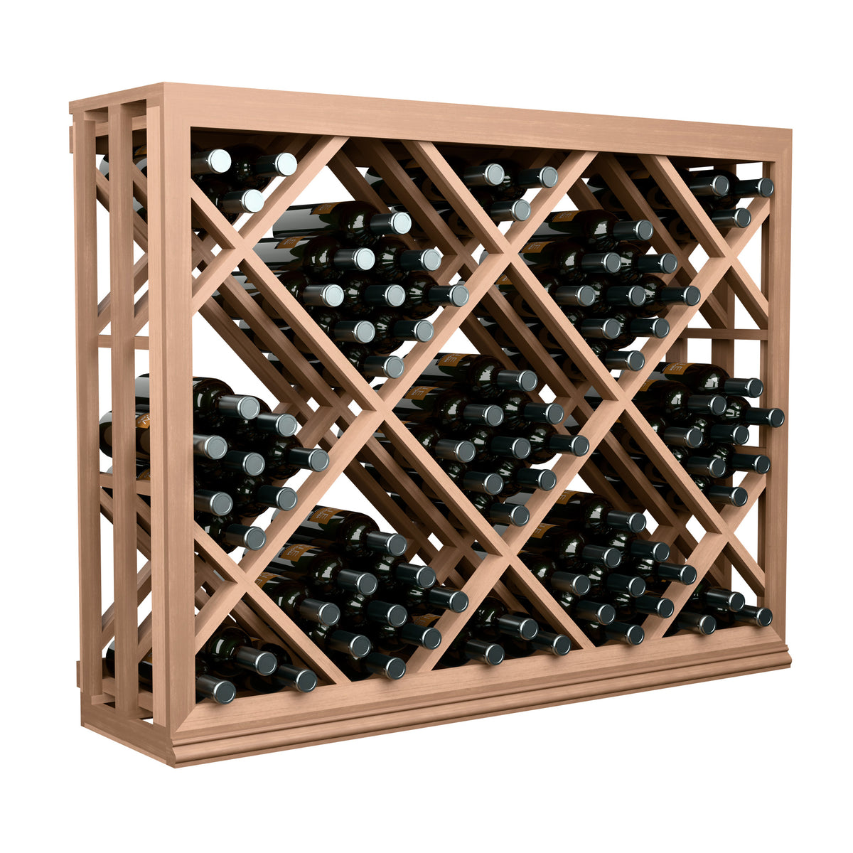 Half-height lattice diamond wine bottle bin with dark wood frame and wine bottle slots